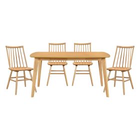 Natural Oak Finish Casual Dining 5pc Set Table and 4 Side Chairs Curved Backrest Windsor Wooden Dining Kitchen Furniture